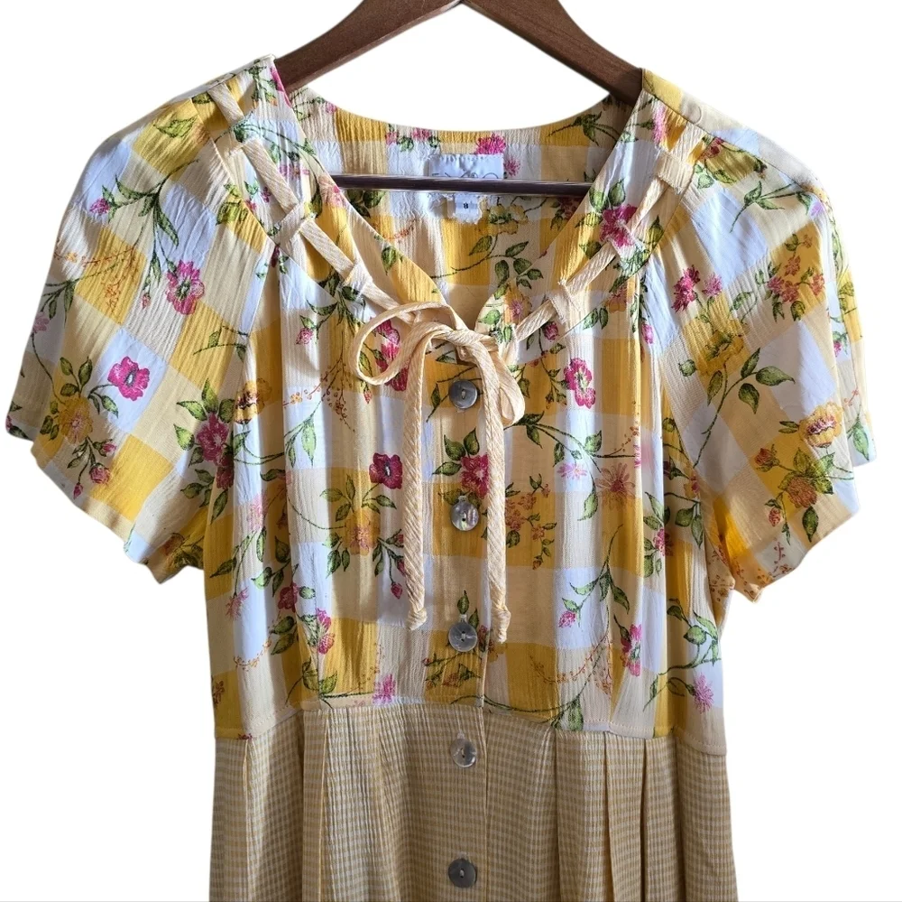 VTG Expo Mixed Print Midi Dress Yellow Gingham Floral Cottagecore Button Front 8